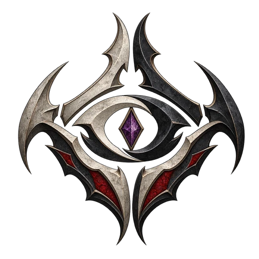 Crest of the Enclave: a steel eye with a violet gem, flanked by blades